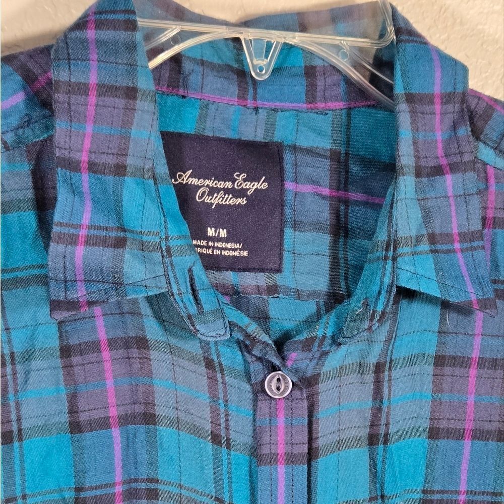 American Eagle Teal Pink Plaid Long Sleeve Button Down Shirt Women's Casual Soft - Picture 3 of 10